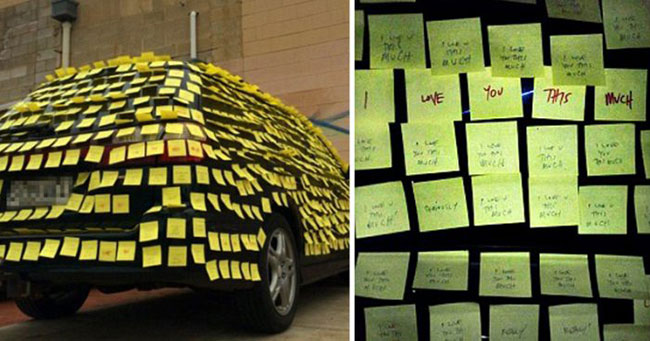 Seorang Pria Menutupi Mobil Kekasihnya dengan Ribuan Catatan di Post-It dalam Lamarannya