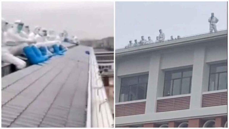 Petugas Ber-APD di Hubei, Tiongkok Berdemo Menuntut Pembayaran Upah, Mengancam Lompat dari Gedung