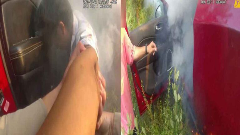Bodycam Petugas Polisi Merekam Penyelamatan Dramatis Seorang Wanita yang Terjebak di Dalam Mobil yang Terbakar