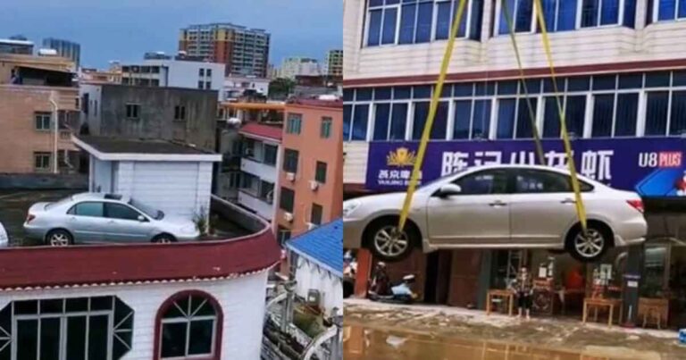 Wanita di Tiongkok Ini Menghabiskan Uang Jutaan Demi  Mengangkat Mobil Barunya ke Atap Bangunan