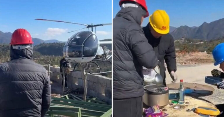 Bos di Tiongkok Menerbangkan Helikopter untuk Mengantarkan Makan Siang Setiap Hari Kepada para Pekerja di Puncak Gunung