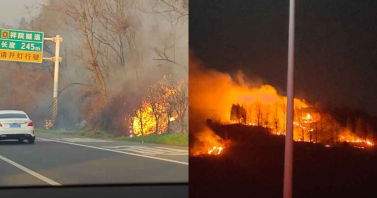 Kebakaran Hutan dan Gunung Skala Besar Terjadi di Guizhou, Tiongkok,  Asap Tebal Menghalau Helikopter Damkar