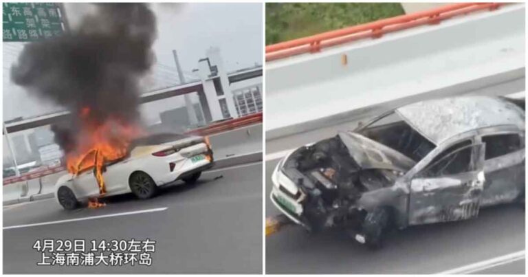 Mobil Listrik Domestik Terbakar di Shanghai Sampai Hangus Hingga Menyisakan Kerangka 