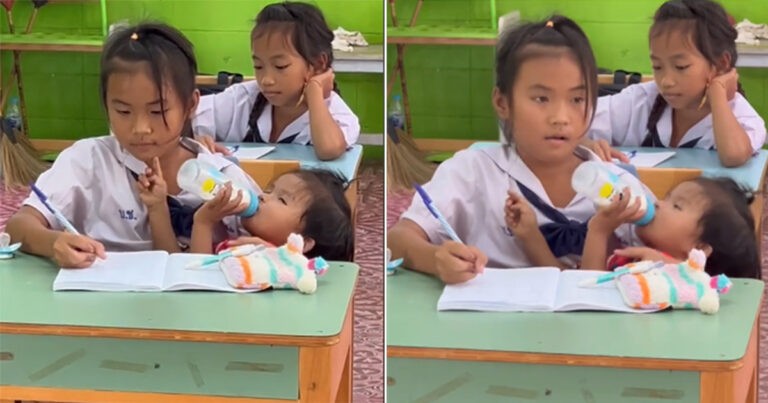 Siswi di Thailand Berusia 10 Tahun Terlihat Mengasuh Adiknya dan Membawanya ke Ruang Kelas
