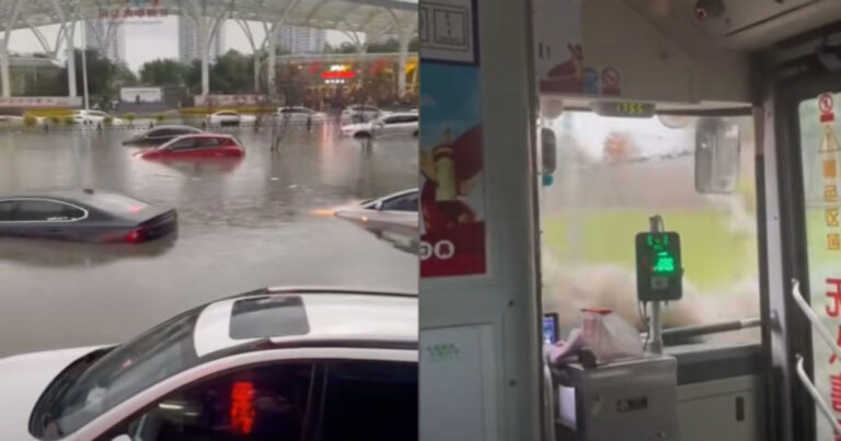 Hujan Badai di Harbin, Tiongkok Mengubah Bus Menjadi ‘Perahu Bus’ Bak Mengarungi Lautan
