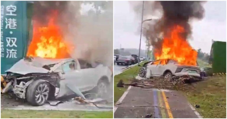 Pintu Mobil Listrik Tiongkok Macet Setelah Menabrak Pagar Pembatas, Menyebabkan Pejabat Chengdu, Tiongkok Tewas Terbakar