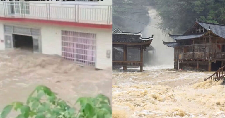 Hujan Deras di Zhangjiajie, Tiongkok  Membuat Banyak Rumah Terendam Banjir, Air Banjir Menembus Lantai Satu 