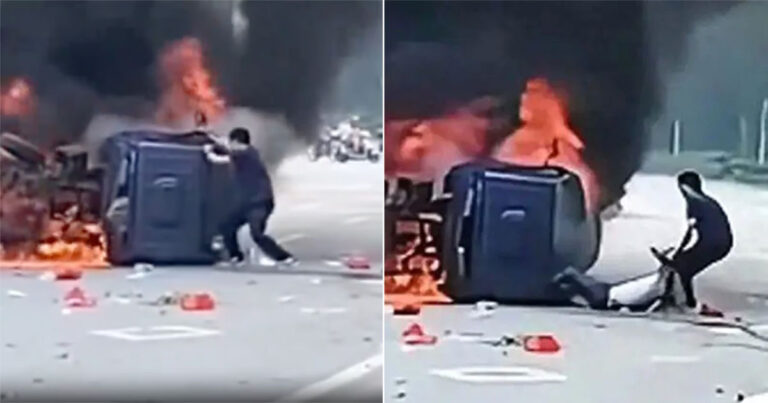 ‘Pahlawan Tiongkok’ Mendobrak Pintu Mobil yang Terbakar, Menyelamatkan Pengemudi yang Terluka Beberapa Saat Sebelum Ledakan