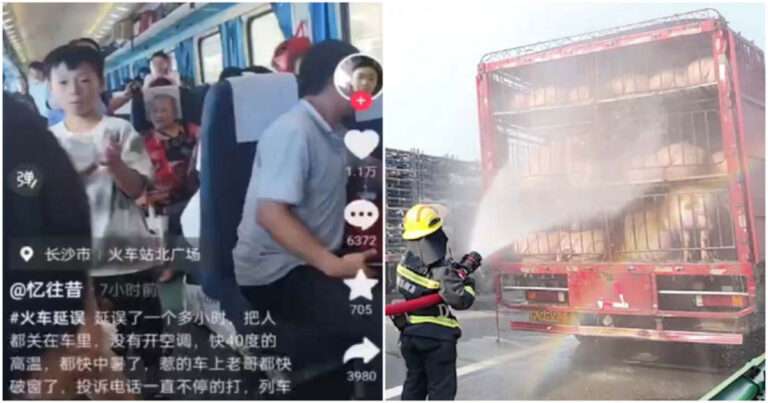 Kereta Terjebak Panas Tinggi di Changsha, Tiongkok  Tak Ada yang Peduli, Mobil Pengangkut Babi Disemprot Air oleh Pemadam Kebakaran