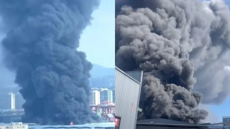 Kebakaran Hebat di Sebuah Pabrik di Hangzhou, Tiongkok, Asap Tebal Membumbung, Bau Menyengat Menyebar 