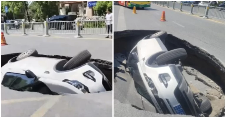 Jalan di Anhui, Tiongkok  Amblas, Telan Sebuah Mobil Sedan – Detik-detik  Mencekam Terekam Kamera