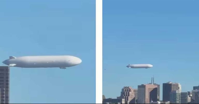 Pesawat Udara Putih Raksasa Terlihat Terbang di Atas San Francisco