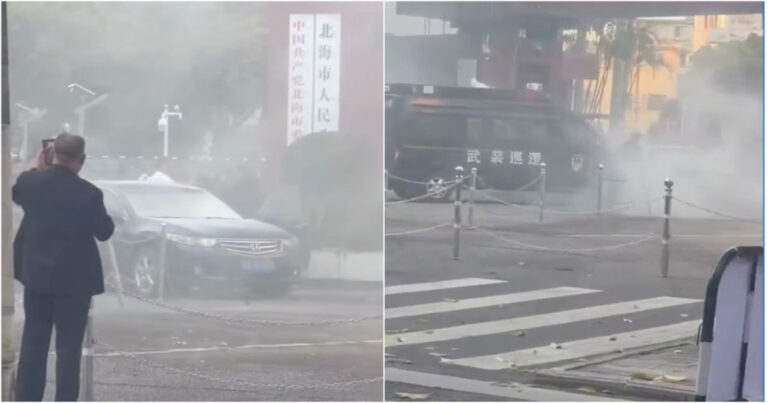 Video Mobil Sedan Menabrak Gerbang Kantor Pemerintah di Beihai, Guangxi, Tiongkok — Polisi Melepaskan Tembakan