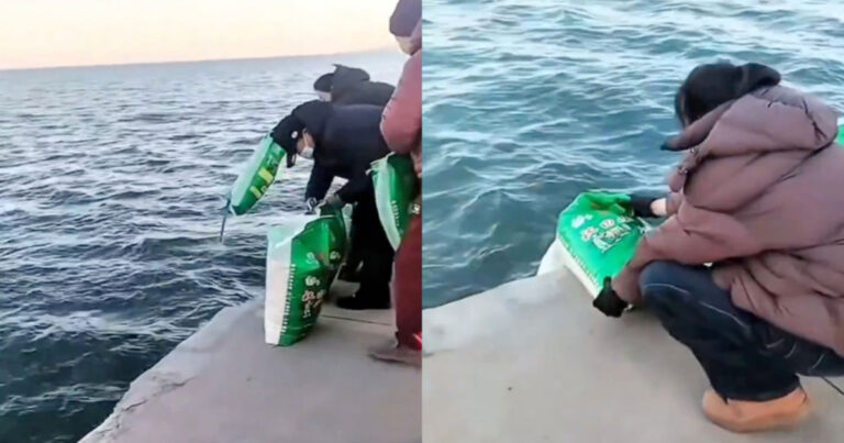 Video Lansia di Liaoning, Tiongkok  “Menaburkan Beras” ke Laut Sambil Komat-Kamit seperti Membaca Mantra