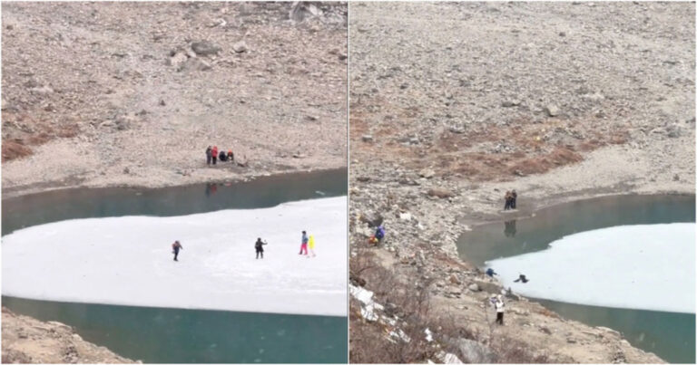Video Danau Es di Gunung Salju Yunnan, Tiongkok Retak, 4 Orang Tercebur ke Air