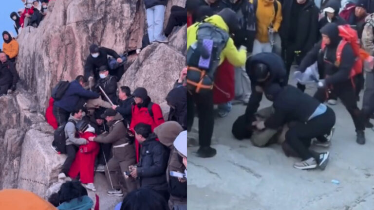 Bentrok Wisatawan di Tepi Tebing Gunung Taishan, Tiongkok Momen Tergelincir yang Menegangkan 