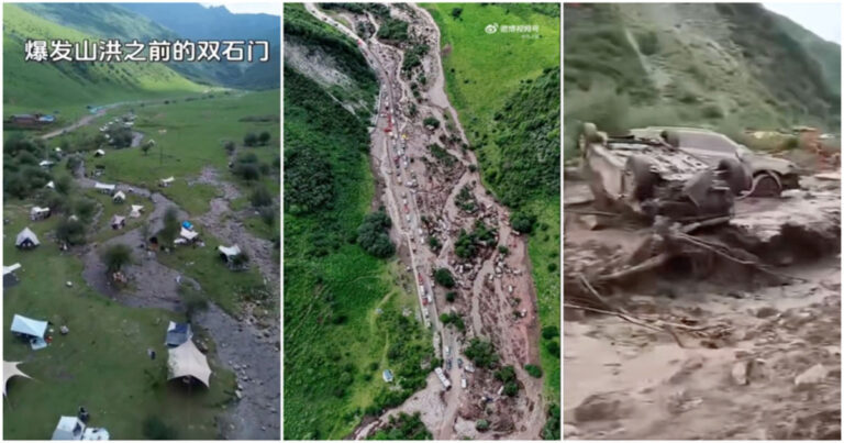 Banjir Bandang di Kawasan Pemandangan Gansu Shuangshimen, Tiongkok, Wisatawan : Hanya 10 dari 60 Mobil yang Keluar 
