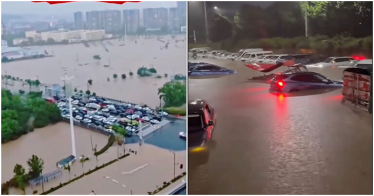 Hujan Lebat Mengguyur Kunming, Tiongkok, Genangan di Jalan Mencapai 7–8 Meter, Kendaraan Terendam