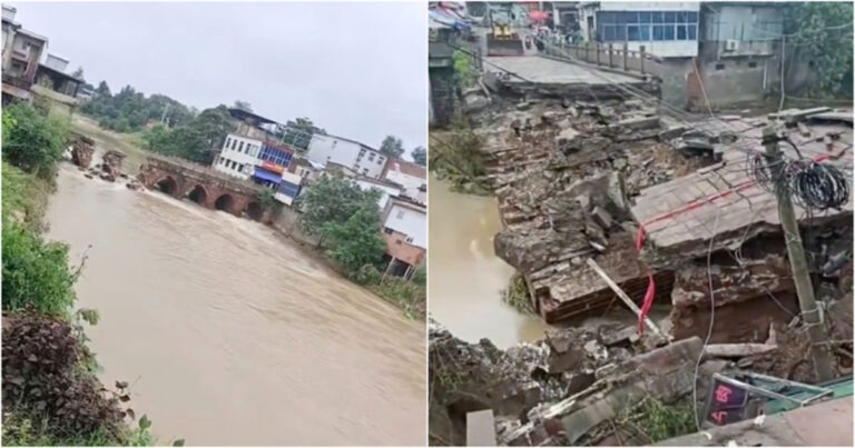 Hujan Lebat di Henan, Tiongkok Menyebabkan Tanggul Jebol, Jembatan Tujuh Lengkung Berusia 500 Tahun Diterjang Banjir Hingga Runtuh